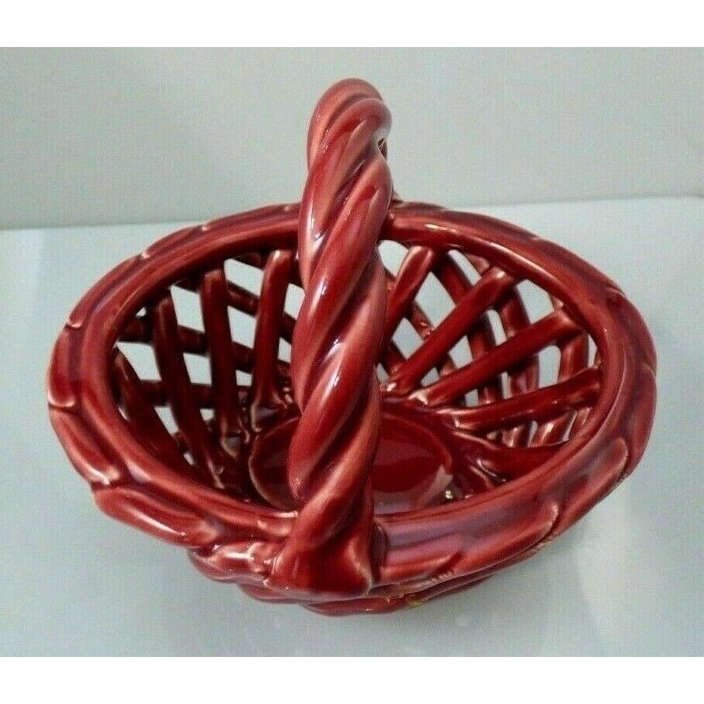 Ceramic Open Weave Basket Oval Red Pink Rose Color With Twisted Handle Small